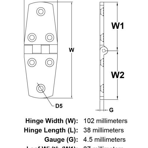 102mm Stainless Steel Marine Hinge Style 1201 specification diagram