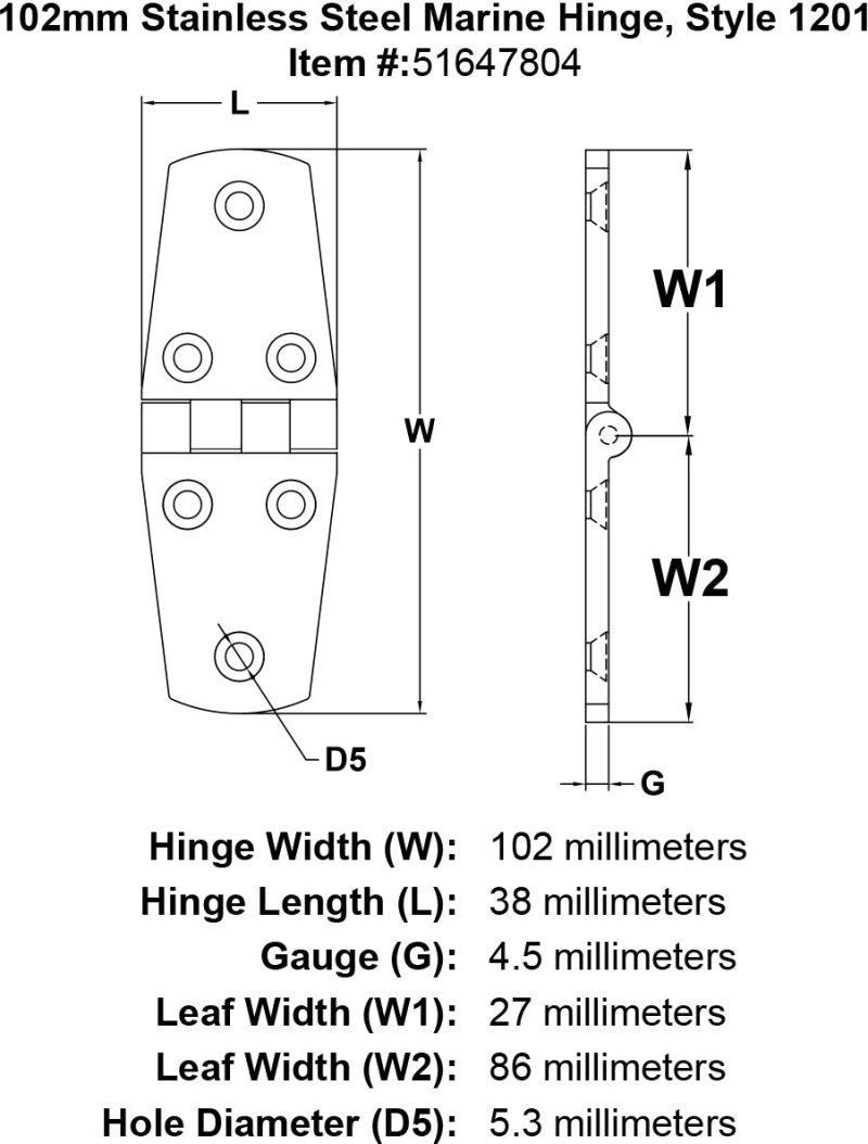 102mm Stainless Steel Marine Hinge Style 1201 specification diagram