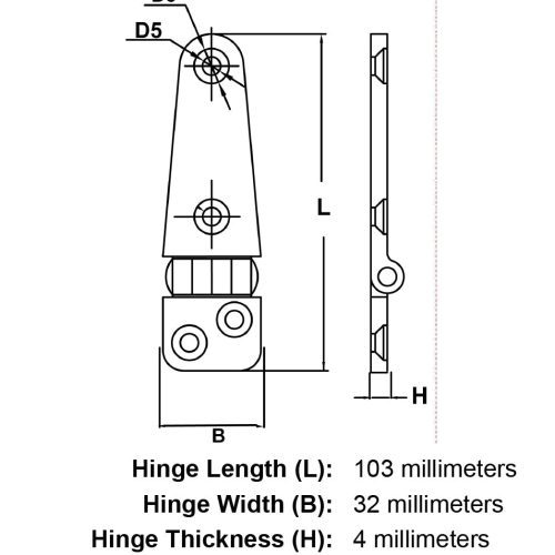 103mm Stainless Steel Marine Hinge Style 1165 specification diagram