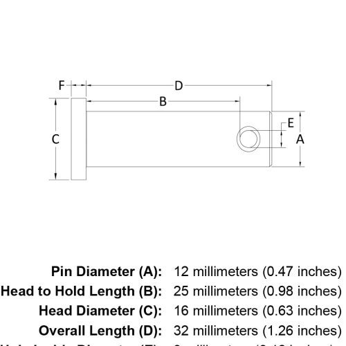 12 x 25 Stainless Steel Clevis Pin specification diagram