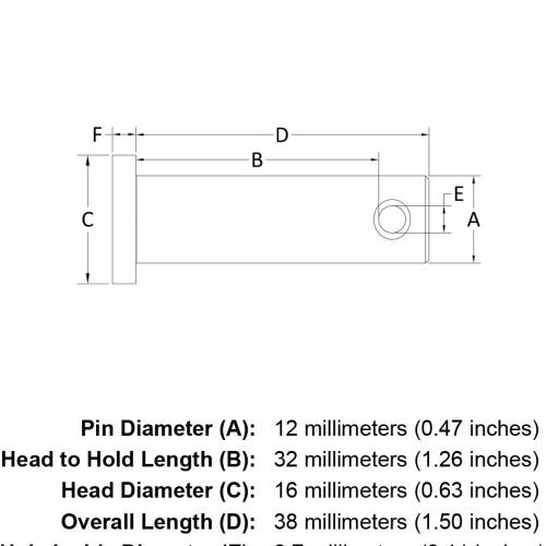 12 x 32 Stainless Steel Clevis Pin specification diagram