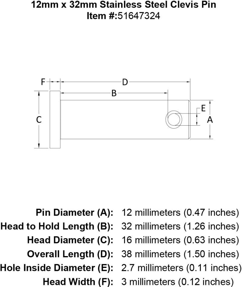 12 x 32 Stainless Steel Clevis Pin specification diagram