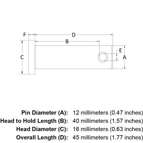 12 x 40 Stainless Steel Clevis Pin specification diagram