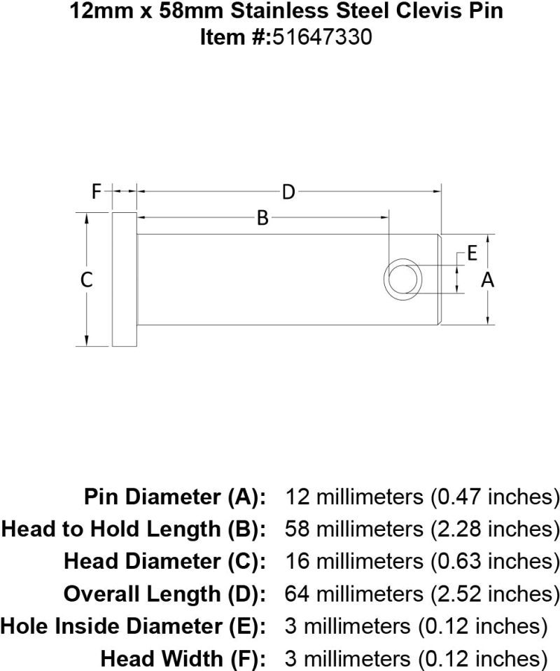 12 x 58 Stainless Steel Clevis Pin specification diagram