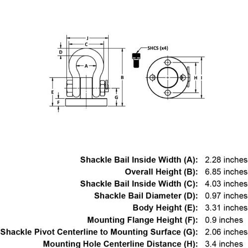 13000 lb WLL Shackle Hoist Ring specification diagram