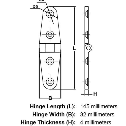 145mm Stainless Steel Marine Hinge Style 1165 specification diagram