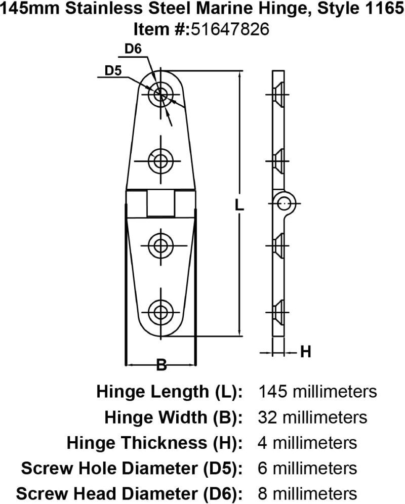 145mm Stainless Steel Marine Hinge Style 1165 specification diagram