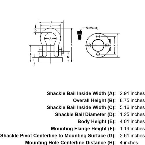 19000 lb WLL Shackle Hoist Ring specification diagram