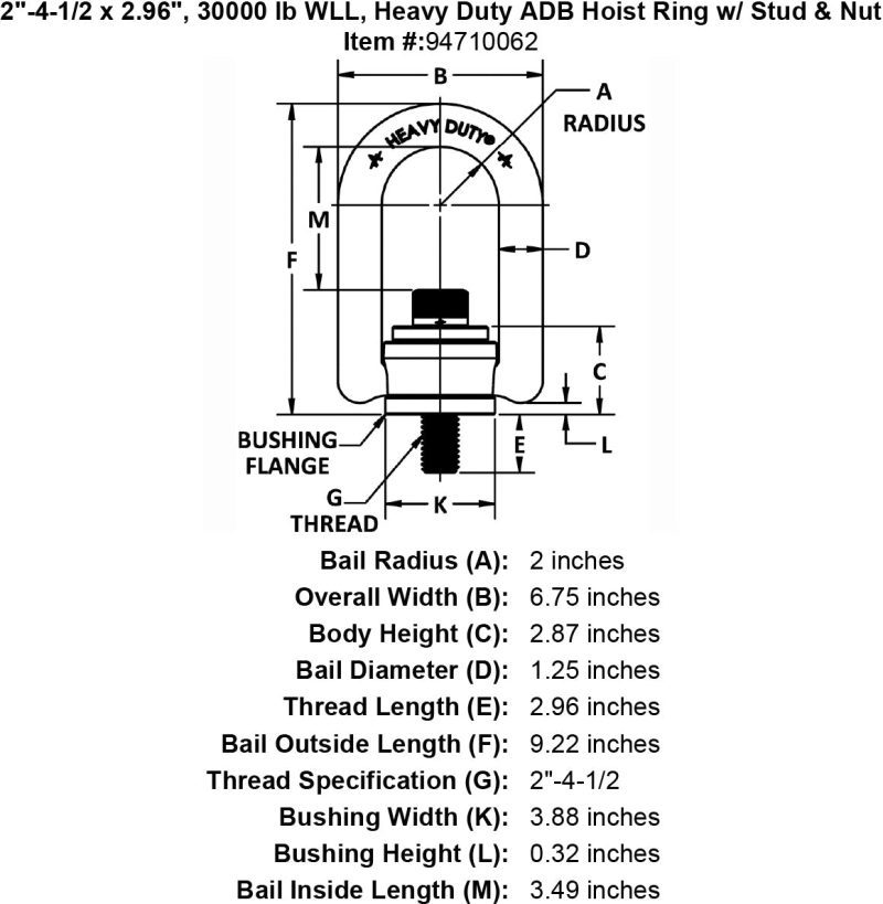 2 4 1 2 x 2 96 30000 lb Heavy Duty Hoist Ring Stud Nut specification diagram