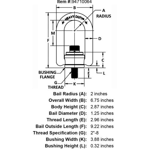 2 8 x 2 96 30000 lb Heavy Duty Hoist Ring Stud Nut specification diagram