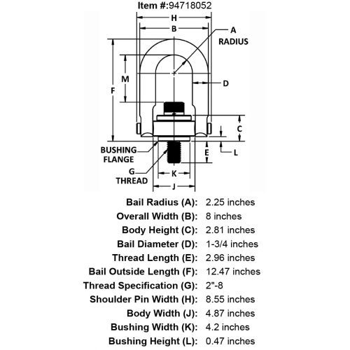 2 8 x 2 96 30000 lb Safety Engineered Hoist Ring Stud Nut specification diagram