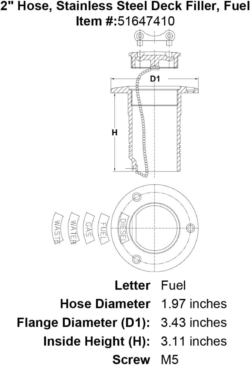 2 Hose Stainless Steel Deck Filler Fuel specification diagram