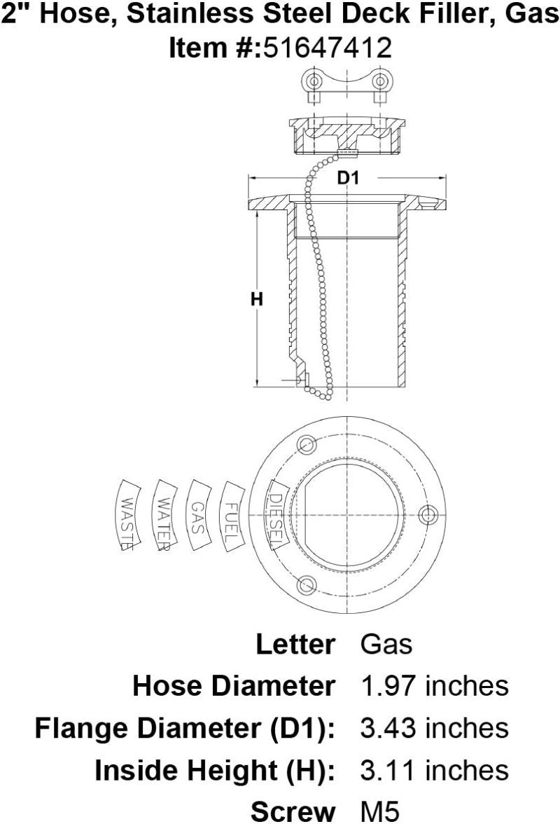 2 Hose Stainless Steel Deck Filler Gas specification diagram