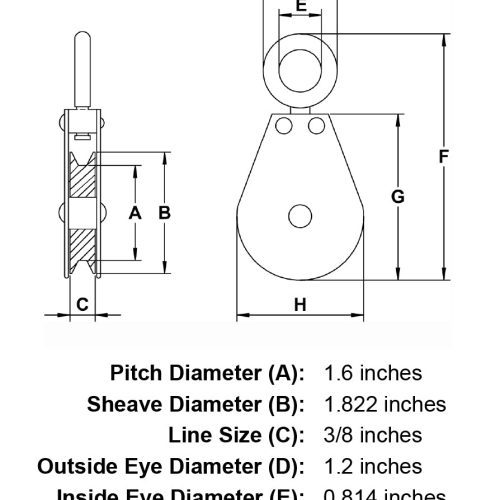 2 Sheave Zinc Plated Swivel Eye Single Pulley specification diagram