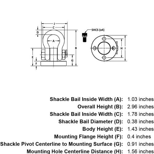 2000 lb WLL Shackle Hoist Ring specification diagram