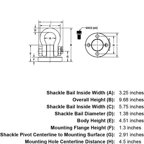 24000 lb WLL Shackle Hoist Ring specification diagram