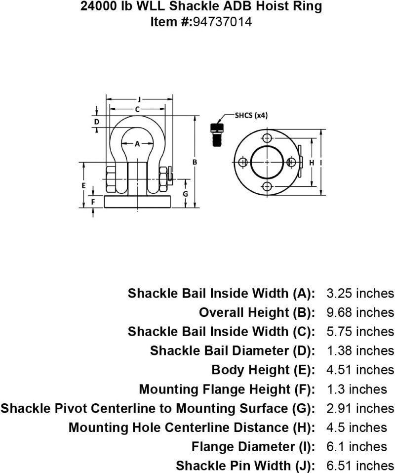 24000 lb WLL Shackle Hoist Ring specification diagram