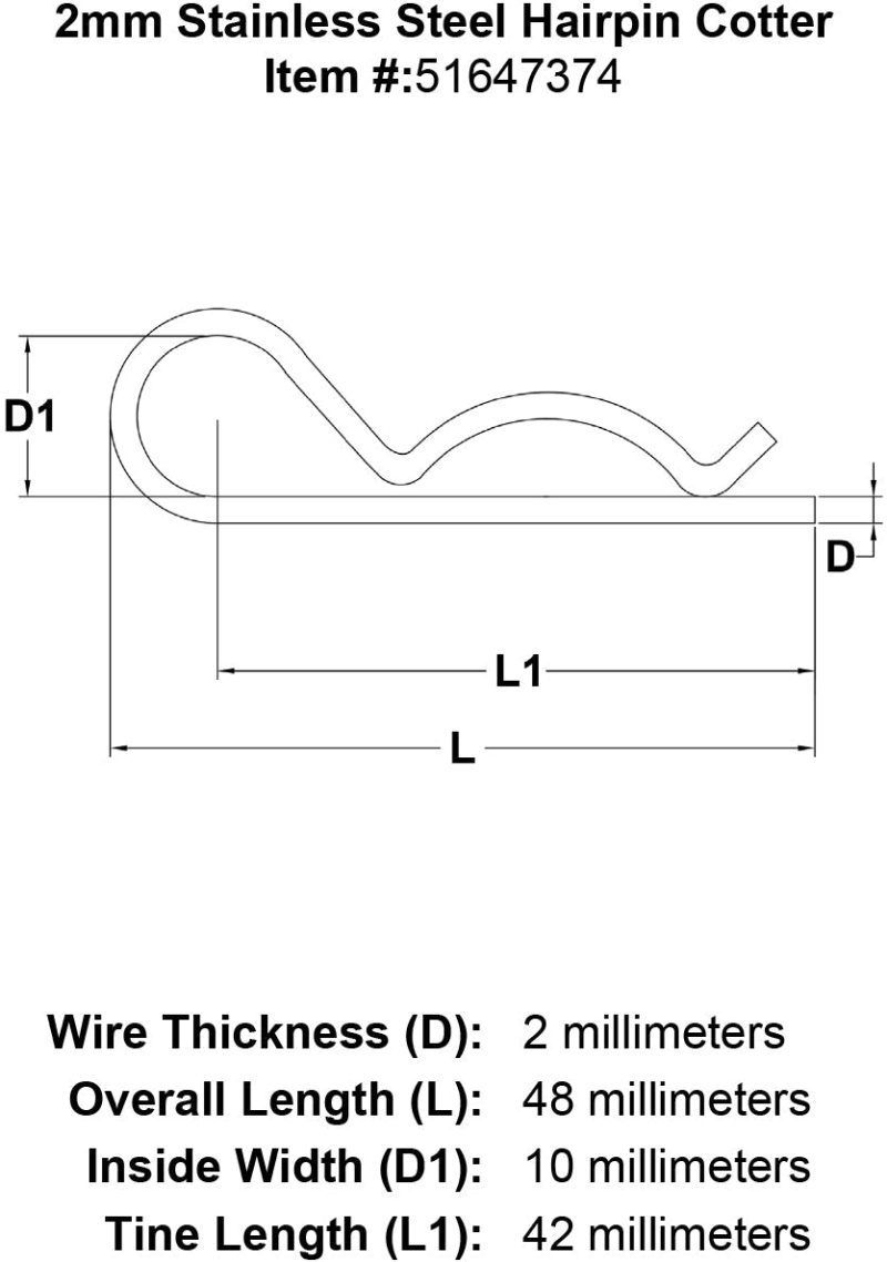 2mm Stainless Steel Hairpin Cotter specification diagram