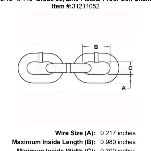 3 16 x 140 Grade 30 Zinc Plated Proof Coil Chain specification diagram