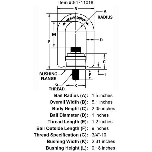 3 4 10 x 1 20 7000 lb Heavy Duty Hoist Ring Long Bar specification diagram