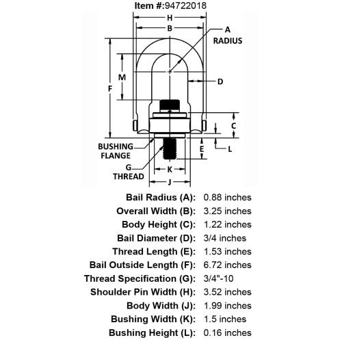 3 4 10 x 1 53 5000 lb Safety Engineered Hoist Ring Long Bar specification diagram