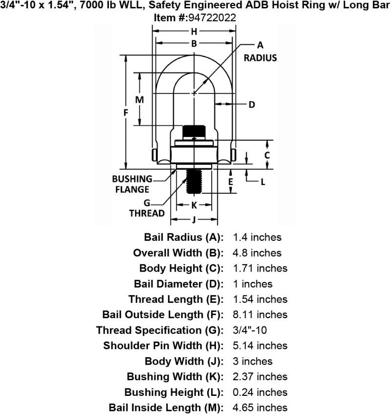 3 4 10 x 1 54 7000 lb Safety Engineered Hoist Ring Long Bar specification diagram