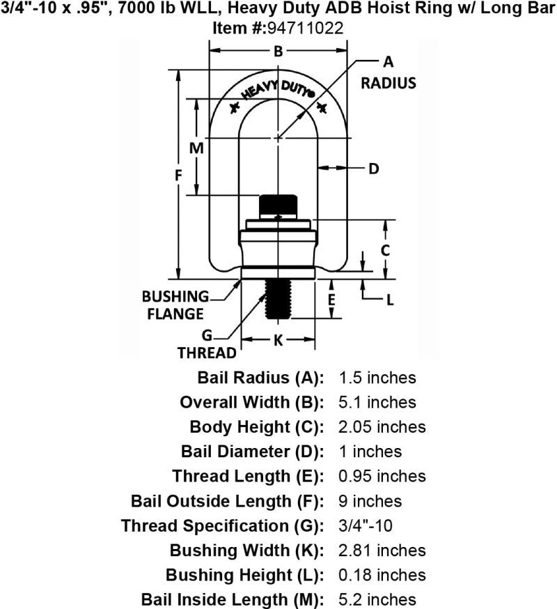 3 4 10 x 95 7000 lb Heavy Duty Hoist Ring Long Bar specification diagram