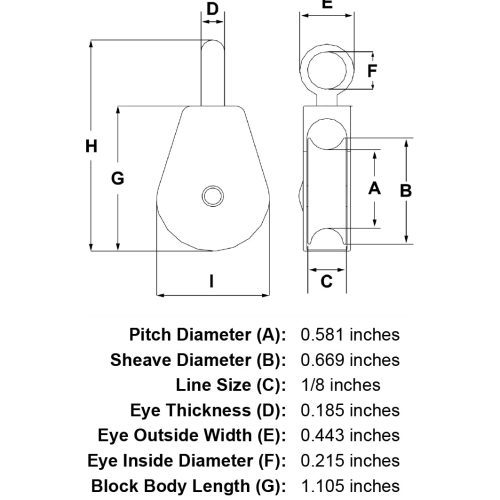 3 4 Sheave Zinc Plated Fixed Eye Single Pulley specification diagram