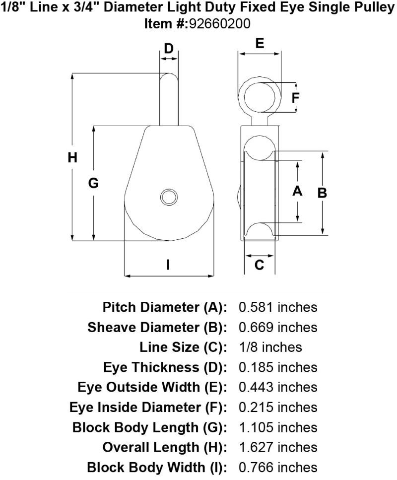 3 4 Sheave Zinc Plated Fixed Eye Single Pulley specification diagram