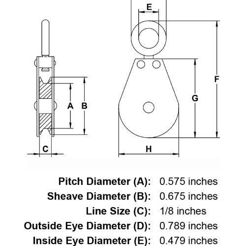 3 4 Sheave Zinc Plated Swivel Eye Single Pulley specification diagram