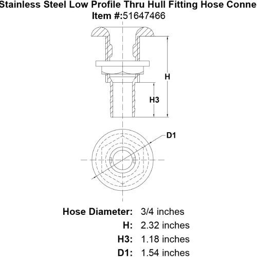 3 4 Stainless Steel Low Profile Thru Hull Fitting Hose Connection specification diagram