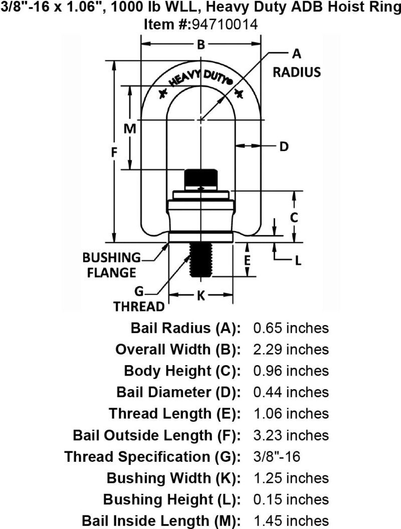 3 8 16 x 1 06 1000 lb Heavy Duty Hoist Ring specification diagram