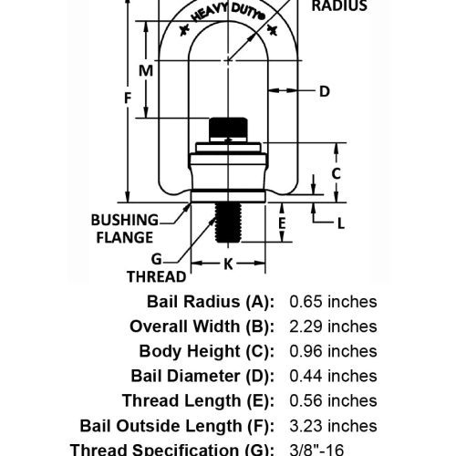 3 8 16 x 56 1000 lb Heavy Duty Hoist Ring specification diagram