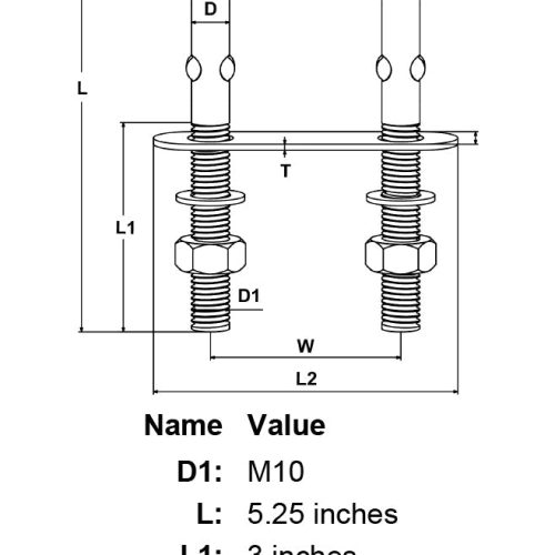 3 8 x 3 Stainless Steel U Bolt specification diagram