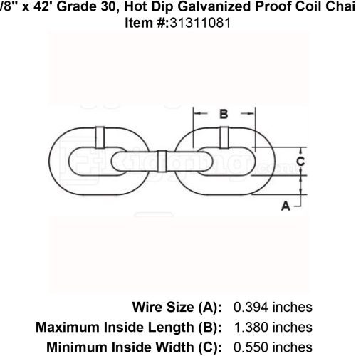 3 8 x 42 Grade 30 Hot Dip Galvanized Proof Coil Chain specification diagram