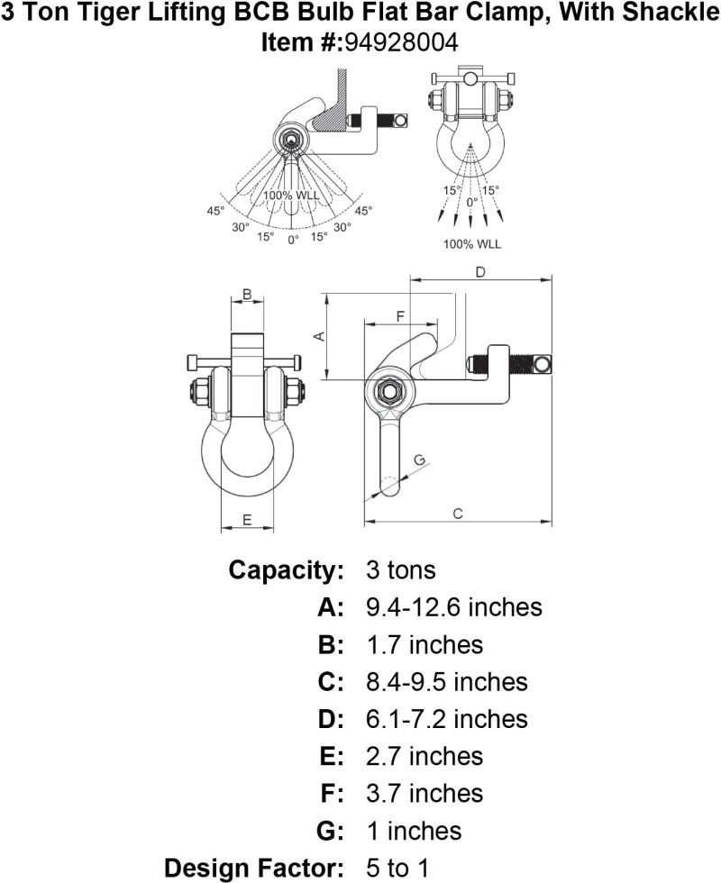 3 ton tiger lifting bcb bulb flat bar clamp with shackle specification diagram