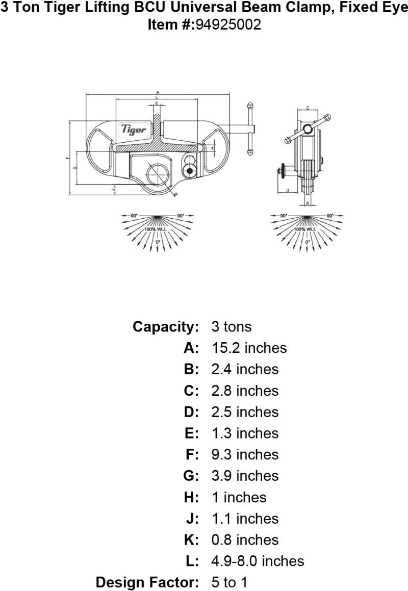 3 ton tiger lifting bcu universal beam clamp fixed eye specification diagram