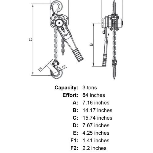 3 ton x 10 lift tiger lifting tr7 industrial lever chain hoist specification diagram