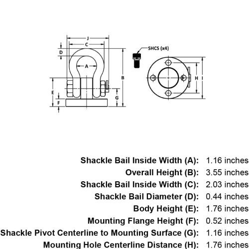 3000 lb WLL Shackle Hoist Ring specification diagram