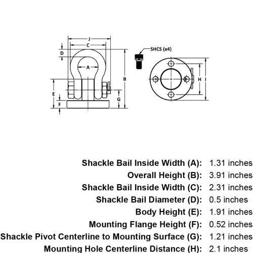 4000 lb WLL Shackle Hoist Ring specification diagram