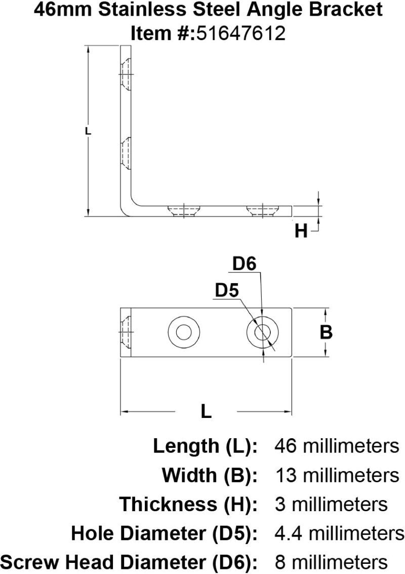 46mm Stainless Steel Angle Bracket specification diagram