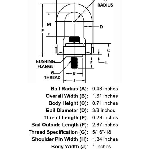 5 16 18 x 29 800 lb Safety Engineered Hoist Ring specification diagram