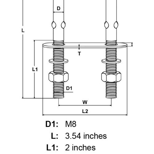 5 16 x 2 Stainless Steel U Bolt specification diagram