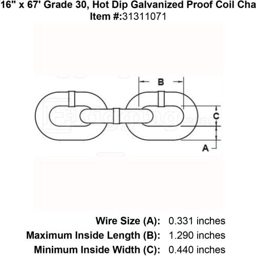 5 16 x 67 Grade 30 Hot Dip Galvanized Proof Coil Chain specification diagram