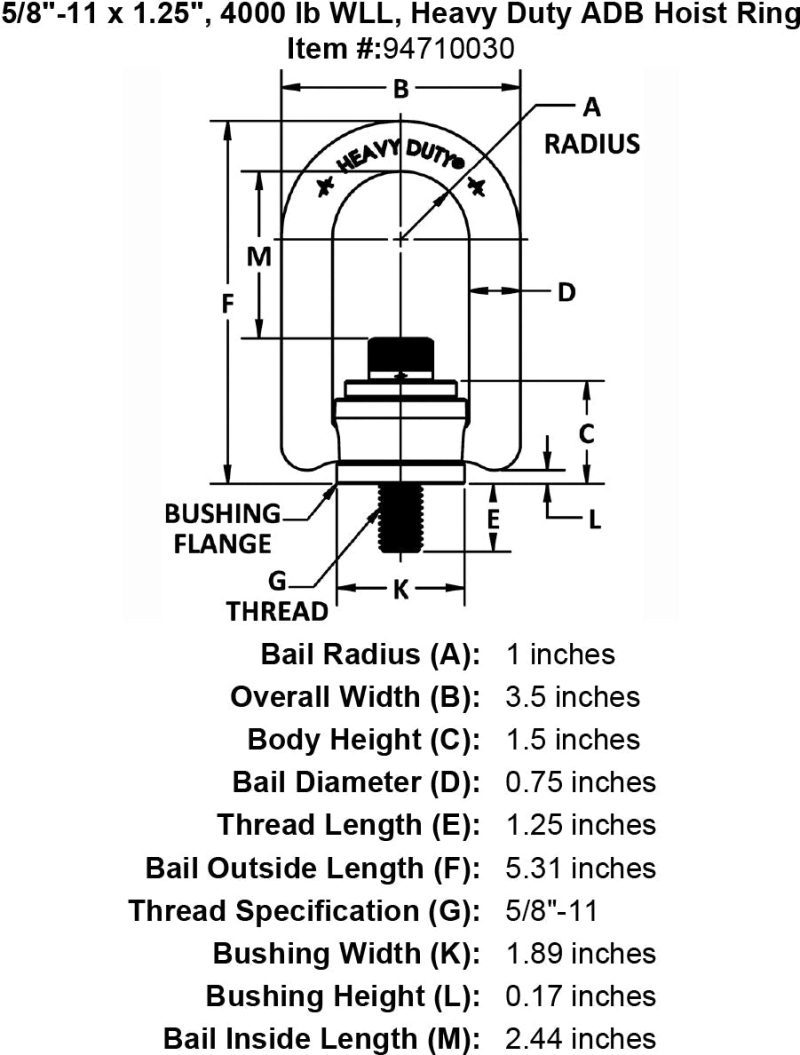 5 8 11 x 1 25 4000 lb Heavy Duty Hoist Ring specification diagram