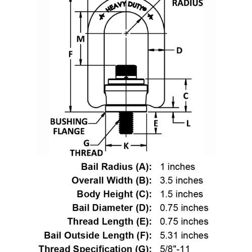 5 8 11 x 75 4000 lb Heavy Duty Hoist Ring specification diagram