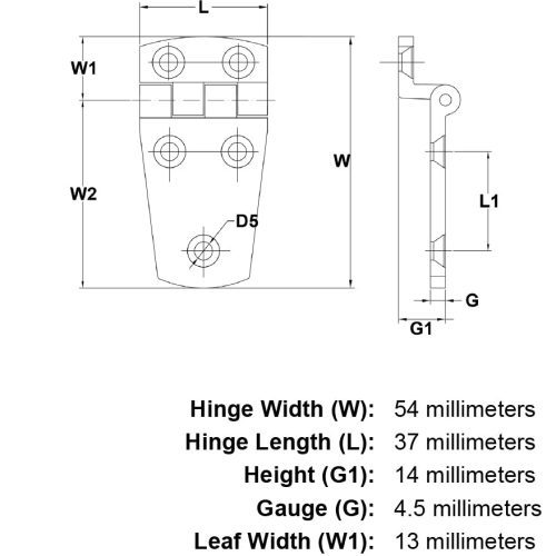 54mm Stainless Steel Marine Hinge Style 1202 specification diagram