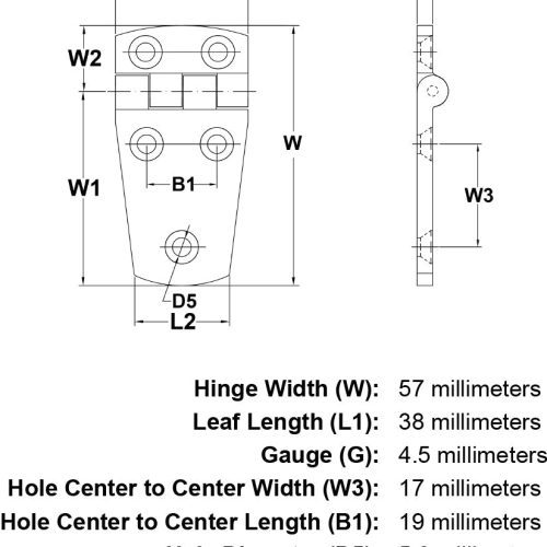 57mm Stainless Steel Marine Hinge Style 0991 specification diagram