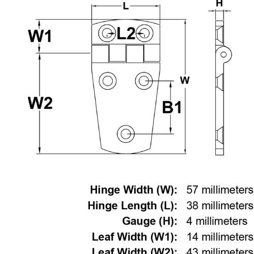 57mm Stainless Steel Marine Hinge Style 6991 specification diagram