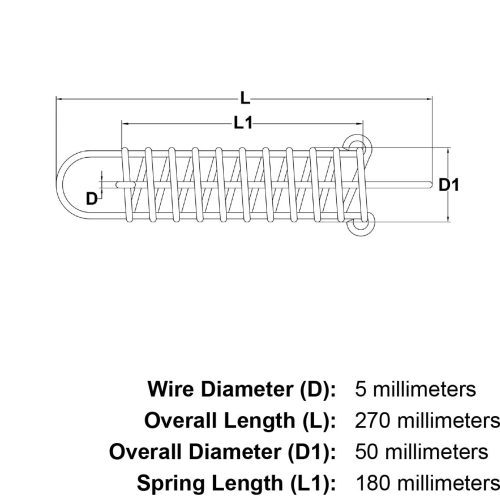 5mm x 270mm Stainless Steel Mooring Spring specification diagram